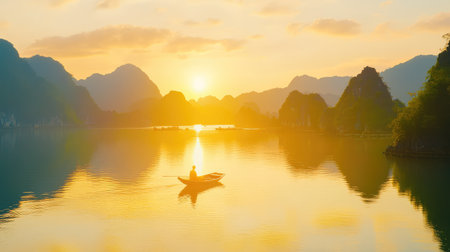 Breathtaking view of Ha Long Bay at sunset, with limestone islands and boats on calm emerald waters in Ninhの素材
