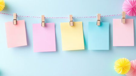Bright sticky notes--pink, yellow, and blue--hanging with wooden clips, creative reminder setupの素材