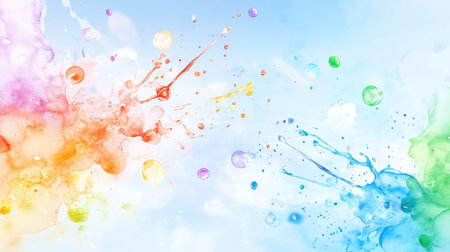 Abstract blue watercolor background with flowing paint splashes and splatter effects, open space for designの素材