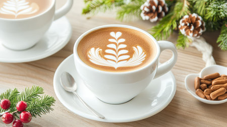 Christmas-themed coffee with detailed tree latte art, cozy and creative holiday season conceptの素材