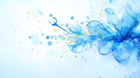 Expressive blue watercolor splatter over soft gradients, artistic flow and grunge texture backgroundの素材