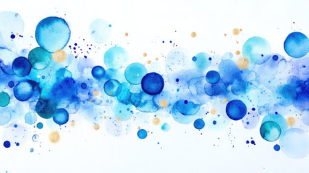 Freeform watercolor art with shades of blue and scattered splatter patterns, textured artistic surfaceの素材