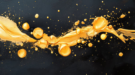Luxurious gold against deep black in acrylic texture, artistic paint flow with expressive splatterの素材