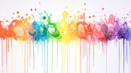 Bright rainbow acrylic splashes with paint dripping vertically, expressive and bold art designの素材