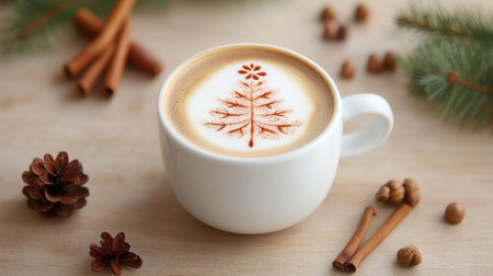 Cozy winter drink with latte art tree, creative barista design for the holiday seasonの素材