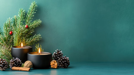 Holiday flatlay with black candles, rustic pinecones, and cinnamon on a dark teal surface, evoking moody seasonal eleganceの素材