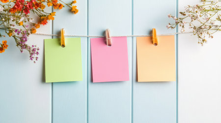Pegboard or line with three different post-it notes, tidy layout for communication or schedulingの素材