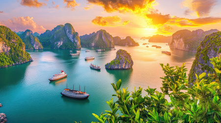 Panoramic view of Ha Long Bay at golden hour, with silhouettes of fishing boats and dramatic cliffsの素材