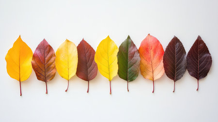 Seasonal leaves in full autumn spectrum--yellow, brown, crimson--arranged with copy spaceの素材