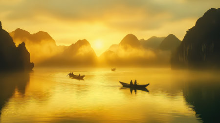 Ha Long Bay iconic karst islands bathed in golden light, boats floating gently on emerald sea at duskの素材