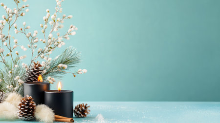 Winter-inspired flatlay with natural pinecones, cinnamon bundles, and black candles on a moody teal backgroundの素材