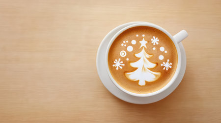 Overhead shot of coffee cup with latte art shaped like a Christmas tree, cozy winter holiday vibesの素材