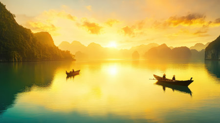 Ha Long Bay iconic karst islands bathed in golden light, boats floating gently on emerald sea at duskの素材