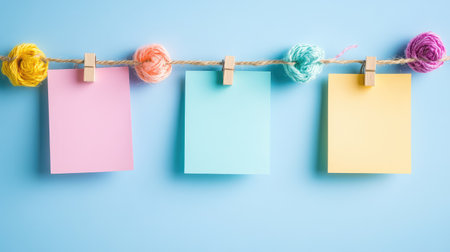 Three sticky notes clipped with pegs on twine, spaced evenly, clean creative design conceptの素材