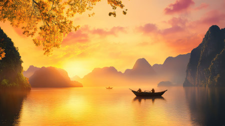 Panoramic view of Ha Long Bay at golden hour, with silhouettes of fishing boats and dramatic cliffsの素材