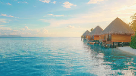 Luxury resort in Maldives with wooden straw huts stretching over calm blue water, perfect summer escapeの素材