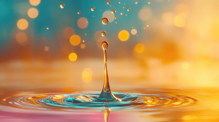 Elegant water drop hitting a colored surface, creating layered ripples in dark gold and blueの素材