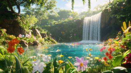 A tranquil tropical waterfall flowing into a secret lagoon, rich with jungle foliage and wild flowersの素材