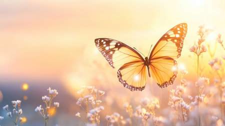 Artistic butterfly outline with fine linework, softly glowing against a neutral blurred backgroundの素材