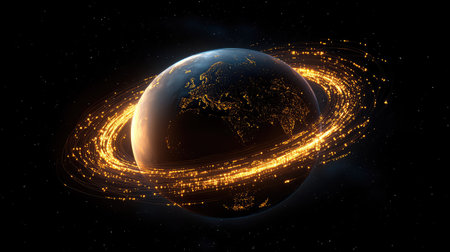 Brightly lit Earth with dynamic curved lines encircling it, representing the network of submarine internet cablesの素材