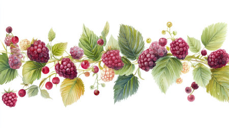Artistic raspberry watercolor composition featuring juicy berries and textured green leaves, isolated on a pure white backdropの素材