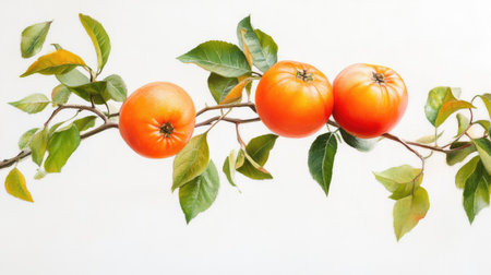 Close-up of three vibrant persimmons with leaves, showcasing smooth texture and natural color against whiteの素材