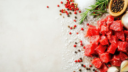 Close-up of raw beef chunks on a rustic table, surrounded by coarse salt, peppercorns, garlic, and fresh rosemaryの素材
