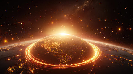 Brightly lit Earth with dynamic curved lines encircling it, representing the network of submarine internet cablesの素材