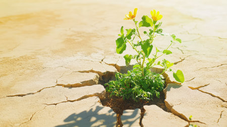 Cracked desert ground transforming into lush greenery, symbolizing renewal, growth, and the power of natureの素材
