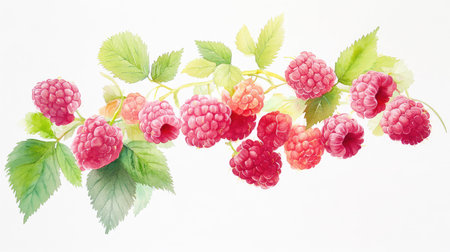 Delicate watercolor raspberries with subtle shading, clustered with green leaves on a clean white canvas, perfect for botanical themesの素材