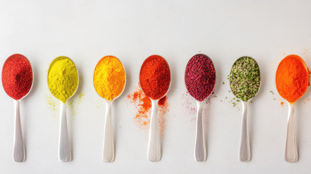 Flat lay of assorted colorful spices in spoons arranged on grey table with blank space for textの素材