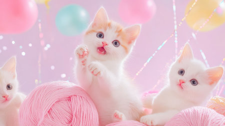 Kawaii-style kittens playing on pastel pink, joyful expressions and sparkly yarn all aroundの素材