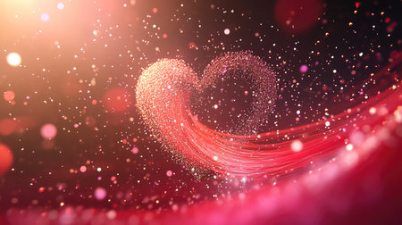 Glowing heart composed of falling light particles on dark background, surrounded by swirling red light trailsの素材