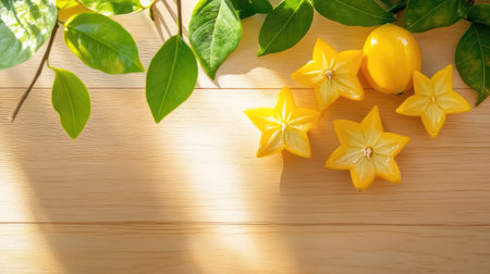 Starfruits, both whole and halved, resting on a warm-toned wooden surface, highlighting their vibrant yellow colorの素材