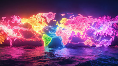 Neon-lit global map showing the web of internet cables running beneath oceans, glowing in high contrastの素材