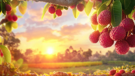 Lychee harvest scene at dusk, ripe fruit in focus with sunset colors gently blending in the backgroundの素材