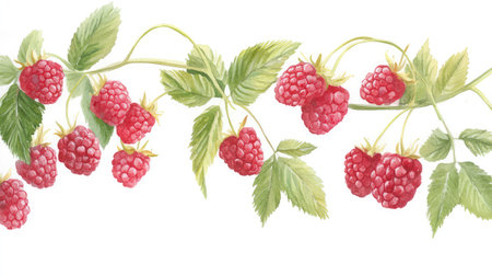 Watercolor painting of vibrant red raspberries with lush green leaves, elegantly arranged on a white background for a fresh, organic aestheticの素材