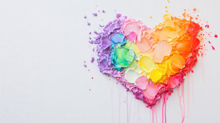 Whimsical heart in rainbow acrylics, full of texture and emotion, popping against a white canvas backdropの素材