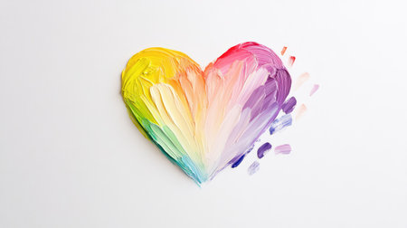Symbol of love and unity: rainbow-colored heart painted in acrylic on white, vibrant and modernの素材