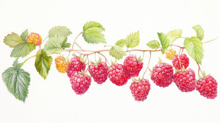 Vivid watercolor depiction of raspberry clusters with fine detail in leaves, contrasting against a minimalist white backdropの素材