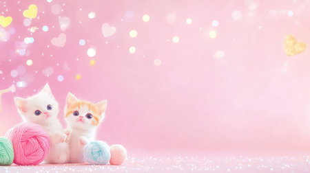 Whimsical pastel illustration of happy kittens on a pink background, playing with yarn under soft sparklesの素材