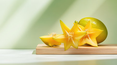 Whole and cut starfruit on a wooden board, emphasizing the fruit's golden hue and unique interior geometryの素材