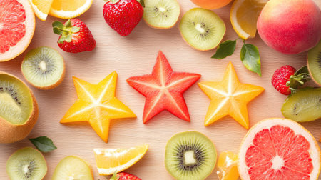 Star-shaped cross-sections of halved starfruit placed among whole fruits on a natural wood surfaceの素材
