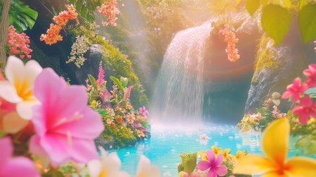 Enchanted tropical scene: waterfall feeding a hidden lagoon among bright jungle flowers and greeneryの素材