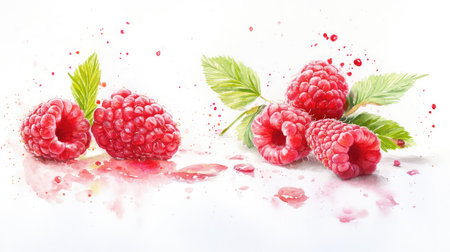 Hand-painted red raspberries with natural leaf detail in a watercolor style, isolated on white for elegant food illustrationsの素材
