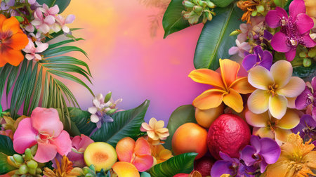 Panier de mangues colores sur un fond tropical, ambiance frache et exotiqueの素材