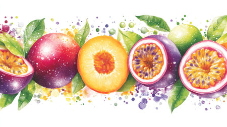 Tropical passion fruit variety, halved and whole, detailed in vibrant color with natural leaf accents on whiteの素材