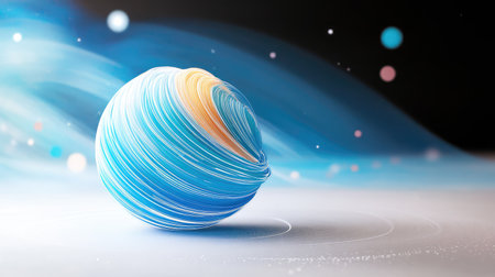 A 3D digital globe wrapped in swirling blue and white data lines, symbolizing real-time global communicationの素材