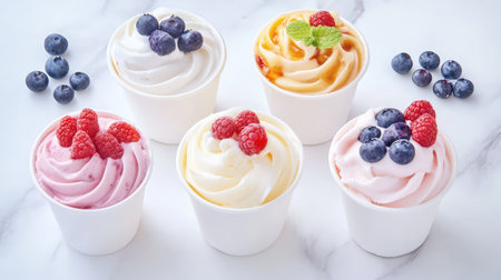 Overhead shot of assorted frozen yogurt with mixed berries, beautifully styled with a minimal color paletteの素材