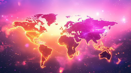 A glowing futuristic world map with neon lines forming trade routes between continents, representing commerceの素材